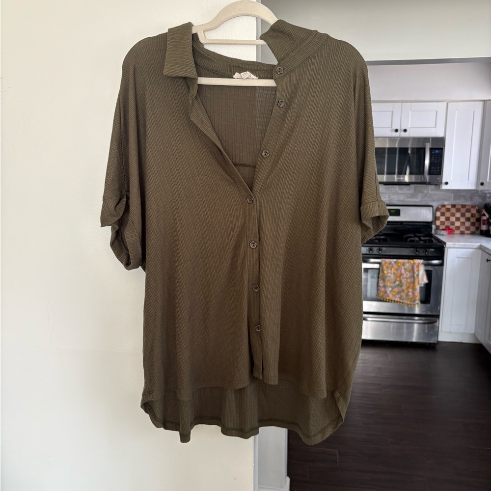 Short Sleeve Olive Button-Down Women's Shirt
